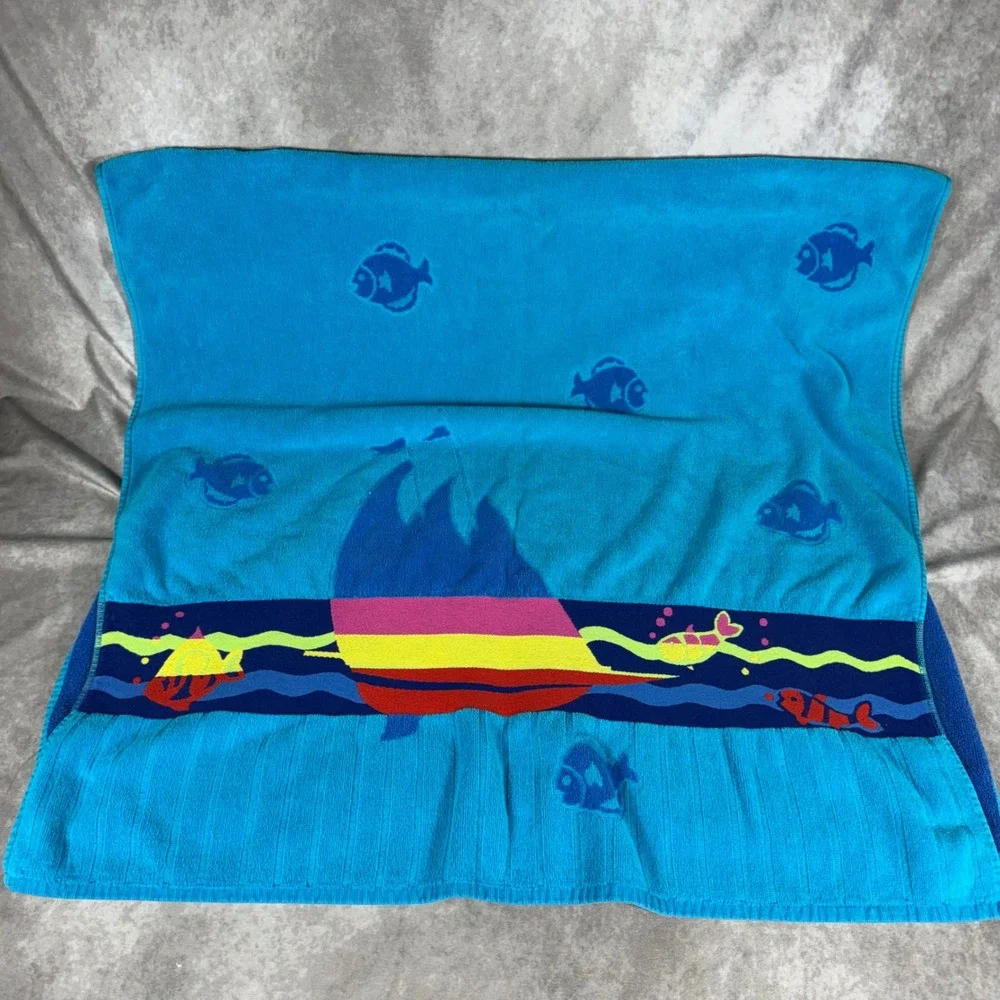 Vtg Reversible Beach Towel Blue Sailboat Fish Nautical 80s 90s Cotton Pool Large